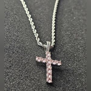 Silver and Pink Cross Pendant Necklace